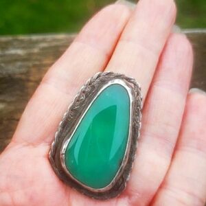 Vintage Native American Green Chalcedony Sterling Silver Ring Sz 6.5 17g 1.5"